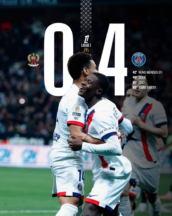 巴黎圣日耳曼客场4-0横扫尼斯 新援6分钟破门助球